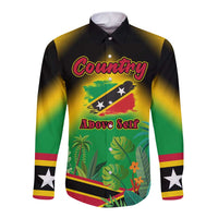 Saint Kitts and Nevis Long Sleeve Button Shirt with Coat of Arms and Flag Pattern Design - Wonder Print Shop