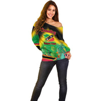 Saint Kitts and Nevis Off Shoulder Sweater with Coat of Arms and Flag Pattern Design - Wonder Print Shop