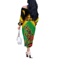 Saint Kitts and Nevis Off The Shoulder Long Sleeve Dress with Coat of Arms and Flag Pattern Design - Wonder Print Shop