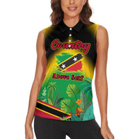 Saint Kitts and Nevis Women Sleeveless Polo Shirt with Coat of Arms and Flag Pattern Design - Wonder Print Shop