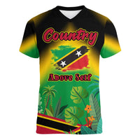 Saint Kitts and Nevis Women V-Neck T-Shirt with Coat of Arms and Flag Pattern Design - Wonder Print Shop