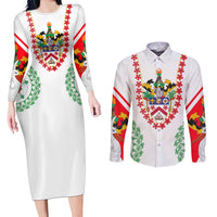 Saint Kitts and Nevis Couples Matching Long Sleeve Bodycon Dress and Long Sleeve Button Shirt with Vibrant Flag Colors and Hibiscus Flower Design - Wonder Print Shop