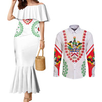 Saint Kitts and Nevis Couples Matching Mermaid Dress and Long Sleeve Button Shirt with Vibrant Flag Colors and Hibiscus Flower Design - Wonder Print Shop