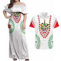 Saint Kitts and Nevis Couples Matching Off Shoulder Maxi Dress and Hawaiian Shirt with Vibrant Flag Colors and Hibiscus Flower Design - Wonder Print Shop