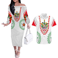 Saint Kitts and Nevis Couples Matching Off The Shoulder Long Sleeve Dress and Hawaiian Shirt with Vibrant Flag Colors and Hibiscus Flower Design - Wonder Print Shop