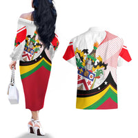 Saint Kitts and Nevis Couples Matching Off The Shoulder Long Sleeve Dress and Hawaiian Shirt with Vibrant Flag Colors and Hibiscus Flower Design - Wonder Print Shop