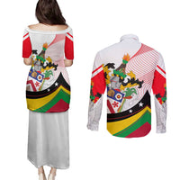 Saint Kitts and Nevis Couples Matching Puletasi and Long Sleeve Button Shirt with Vibrant Flag Colors and Hibiscus Flower Design - Wonder Print Shop