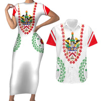 Saint Kitts and Nevis Couples Matching Short Sleeve Bodycon Dress and Hawaiian Shirt with Vibrant Flag Colors and Hibiscus Flower Design - Wonder Print Shop