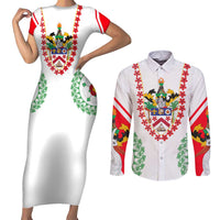 Saint Kitts and Nevis Couples Matching Short Sleeve Bodycon Dress and Long Sleeve Button Shirt with Vibrant Flag Colors and Hibiscus Flower Design - Wonder Print Shop