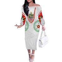 Saint Kitts and Nevis Family Matching Off The Shoulder Long Sleeve Dress and Hawaiian Shirt with Vibrant Flag Colors and Hibiscus Flower Design - Wonder Print Shop