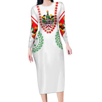 Saint Kitts and Nevis Long Sleeve Bodycon Dress with Vibrant Flag Colors and Hibiscus Flower Design - Wonder Print Shop