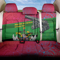 Saint Kitts and Nevis Apparel Back Car Seat Cover with National Coat of Arms and Cannon Graphic in Red and Green Cultural Pattern Design - Wonder Print Shop