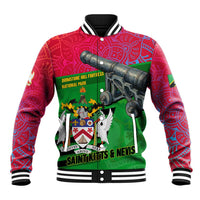 Saint Kitts and Nevis Apparel Baseball Jacket with National Coat of Arms and Cannon Graphic in Red and Green Cultural Pattern Design - Wonder Print Shop