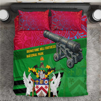 Saint Kitts and Nevis Apparel Bedding Set with National Coat of Arms and Cannon Graphic in Red and Green Cultural Pattern Design - Wonder Print Shop