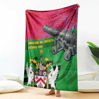 Saint Kitts and Nevis Apparel Blanket with National Coat of Arms and Cannon Graphic in Red and Green Cultural Pattern Design - Wonder Print Shop