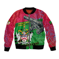 Saint Kitts and Nevis Apparel Bomber Jacket with National Coat of Arms and Cannon Graphic in Red and Green Cultural Pattern Design - Wonder Print Shop