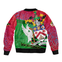 Saint Kitts and Nevis Apparel Bomber Jacket with National Coat of Arms and Cannon Graphic in Red and Green Cultural Pattern Design - Wonder Print Shop