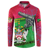 Saint Kitts and Nevis Apparel Button Sweatshirt with National Coat of Arms and Cannon Graphic in Red and Green Cultural Pattern Design - Wonder Print Shop