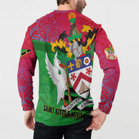 Saint Kitts and Nevis Apparel Button Sweatshirt with National Coat of Arms and Cannon Graphic in Red and Green Cultural Pattern Design - Wonder Print Shop