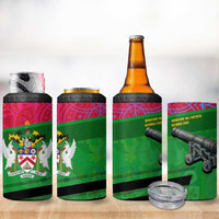 Saint Kitts and Nevis Apparel 4 in 1 Can Cooler Tumbler with National Coat of Arms and Cannon Graphic in Red and Green Cultural Pattern Design - Wonder Print Shop
