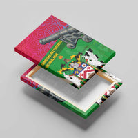 Saint Kitts and Nevis Apparel Canvas Wall Art with National Coat of Arms and Cannon Graphic in Red and Green Cultural Pattern Design - Wonder Print Shop