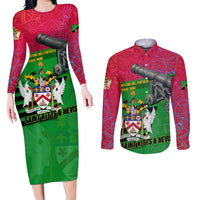 Saint Kitts and Nevis Apparel Couples Matching Long Sleeve Bodycon Dress and Long Sleeve Button Shirt with National Coat of Arms and Cannon Graphic in Red and Green Cultural Pattern Design - Wonder Print Shop