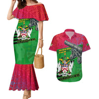 Saint Kitts and Nevis Apparel Couples Matching Mermaid Dress and Hawaiian Shirt with National Coat of Arms and Cannon Graphic in Red and Green Cultural Pattern Design - Wonder Print Shop