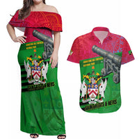 Saint Kitts and Nevis Apparel Couples Matching Off Shoulder Maxi Dress and Hawaiian Shirt with National Coat of Arms and Cannon Graphic in Red and Green Cultural Pattern Design - Wonder Print Shop