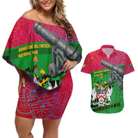 Saint Kitts and Nevis Apparel Couples Matching Off Shoulder Short Dress and Hawaiian Shirt with National Coat of Arms and Cannon Graphic in Red and Green Cultural Pattern Design - Wonder Print Shop