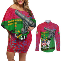 Saint Kitts and Nevis Apparel Couples Matching Off Shoulder Short Dress and Long Sleeve Button Shirt with National Coat of Arms and Cannon Graphic in Red and Green Cultural Pattern Design - Wonder Print Shop