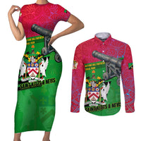 Saint Kitts and Nevis Apparel Couples Matching Short Sleeve Bodycon Dress and Long Sleeve Button Shirt with National Coat of Arms and Cannon Graphic in Red and Green Cultural Pattern Design - Wonder Print Shop