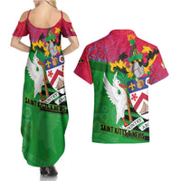 Saint Kitts and Nevis Apparel Couples Matching Summer Maxi Dress and Hawaiian Shirt with National Coat of Arms and Cannon Graphic in Red and Green Cultural Pattern Design - Wonder Print Shop