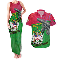 Saint Kitts and Nevis Apparel Couples Matching Tank Maxi Dress and Hawaiian Shirt with National Coat of Arms and Cannon Graphic in Red and Green Cultural Pattern Design - Wonder Print Shop