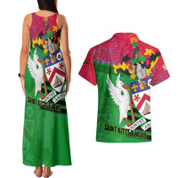 Saint Kitts and Nevis Apparel Couples Matching Tank Maxi Dress and Hawaiian Shirt with National Coat of Arms and Cannon Graphic in Red and Green Cultural Pattern Design - Wonder Print Shop