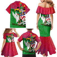 Saint Kitts and Nevis Apparel Family Matching Mermaid Dress and Hawaiian Shirt with National Coat of Arms and Cannon Graphic in Red and Green Cultural Pattern Design - Wonder Print Shop