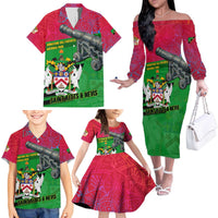 Saint Kitts and Nevis Apparel Family Matching Off The Shoulder Long Sleeve Dress and Hawaiian Shirt with National Coat of Arms and Cannon Graphic in Red and Green Cultural Pattern Design - Wonder Print Shop