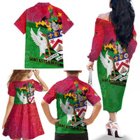 Saint Kitts and Nevis Apparel Family Matching Off The Shoulder Long Sleeve Dress and Hawaiian Shirt with National Coat of Arms and Cannon Graphic in Red and Green Cultural Pattern Design - Wonder Print Shop