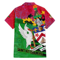 Saint Kitts and Nevis Apparel Family Matching Off The Shoulder Long Sleeve Dress and Hawaiian Shirt with National Coat of Arms and Cannon Graphic in Red and Green Cultural Pattern Design - Wonder Print Shop