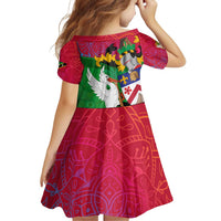 Saint Kitts and Nevis Apparel Family Matching Off Shoulder Short Dress and Hawaiian Shirt with National Coat of Arms and Cannon Graphic in Red and Green Cultural Pattern Design - Wonder Print Shop