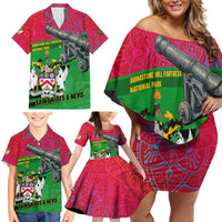 Saint Kitts and Nevis Apparel Family Matching Off Shoulder Short Dress and Hawaiian Shirt with National Coat of Arms and Cannon Graphic in Red and Green Cultural Pattern Design - Wonder Print Shop