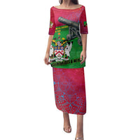 Saint Kitts and Nevis Apparel Family Matching Puletasi and Hawaiian Shirt with National Coat of Arms and Cannon Graphic in Red and Green Cultural Pattern Design - Wonder Print Shop