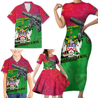 Saint Kitts and Nevis Apparel Family Matching Short Sleeve Bodycon Dress and Hawaiian Shirt with National Coat of Arms and Cannon Graphic in Red and Green Cultural Pattern Design - Wonder Print Shop