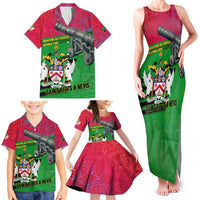 Saint Kitts and Nevis Apparel Family Matching Tank Maxi Dress and Hawaiian Shirt with National Coat of Arms and Cannon Graphic in Red and Green Cultural Pattern Design - Wonder Print Shop