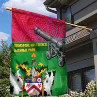 Saint Kitts and Nevis Apparel Garden Flag with National Coat of Arms and Cannon Graphic in Red and Green Cultural Pattern Design - Wonder Print Shop