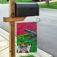 Saint Kitts and Nevis Apparel Garden Flag with National Coat of Arms and Cannon Graphic in Red and Green Cultural Pattern Design - Wonder Print Shop