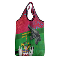 Saint Kitts and Nevis Apparel Grocery Bag with National Coat of Arms and Cannon Graphic in Red and Green Cultural Pattern Design - Wonder Print Shop