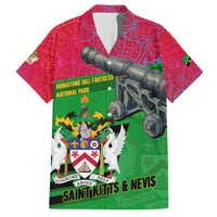 Saint Kitts and Nevis Apparel Hawaiian Shirt with National Coat of Arms and Cannon Graphic in Red and Green Cultural Pattern Design - Wonder Print Shop