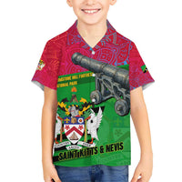 Saint Kitts and Nevis Apparel Hawaiian Shirt with National Coat of Arms and Cannon Graphic in Red and Green Cultural Pattern Design - Wonder Print Shop