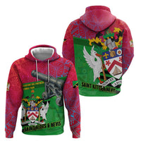 Saint Kitts and Nevis Apparel Hoodie with National Coat of Arms and Cannon Graphic in Red and Green Cultural Pattern Design - Wonder Print Shop