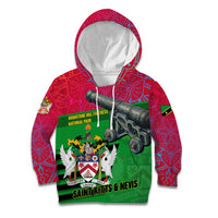 Saint Kitts and Nevis Apparel Kid Hoodie with National Coat of Arms and Cannon Graphic in Red and Green Cultural Pattern Design - Wonder Print Shop